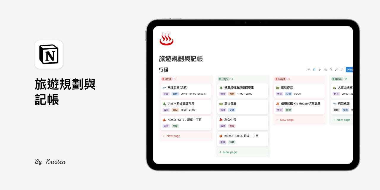 這份模板讓你能在 Notion 裡完整規劃一趟旅程，將靈感蒐集、每日行程安排與財務結算完整整合，協助你在同一個空間 100% 掌握旅程！
