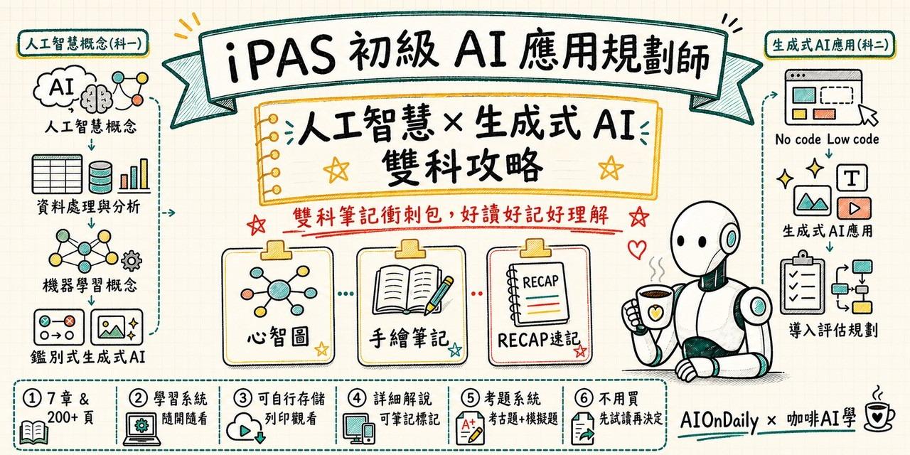 iPAS AI 應用規劃師中級考試攻略筆記封面 — 手繪講義風，涵蓋科目一人工智慧與科目三機器學習，含心智圖、手繪投影片、RECAP 速記