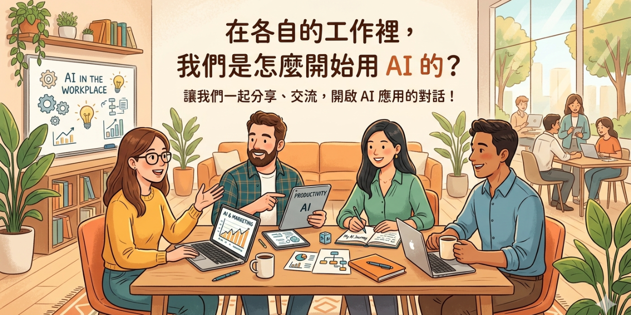 一組專業團隊圍坐在會議桌旁，討論職場 AI 應用，包括行銷和生產力 AI，突顯企業數位轉型與團隊合作。牆上白板寫有 AI IN THE WORKPLACE