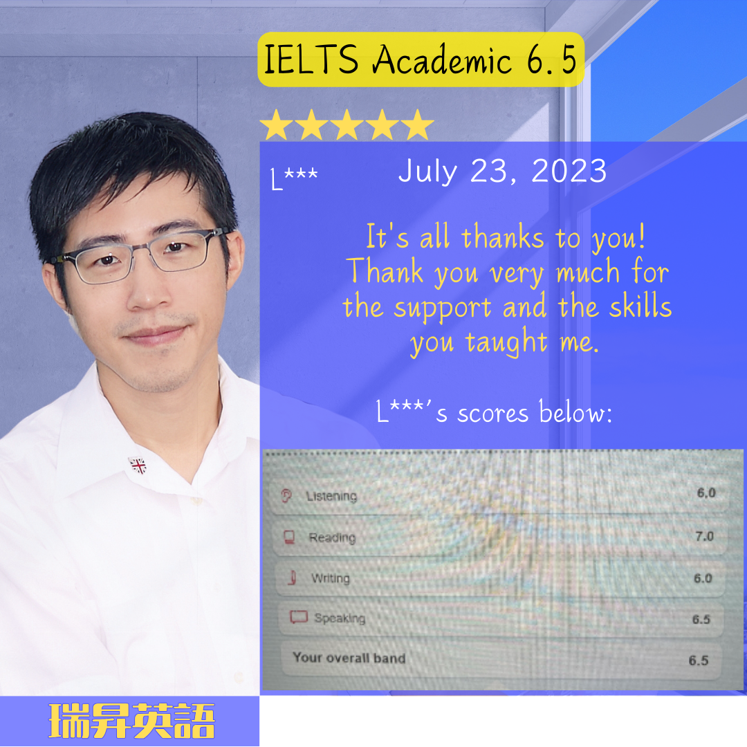 學生得分 IELTS Academic 6.5 (瑞昇英語教學好評)